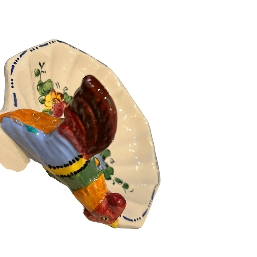 Vintage Italian Hand Painted Divided Candy Nut Dish Rooster Floral Farmhouse